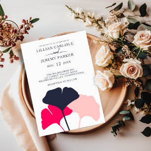 Bold Modern Navy and Pink Ginkgo Leaves Wedding Invitation