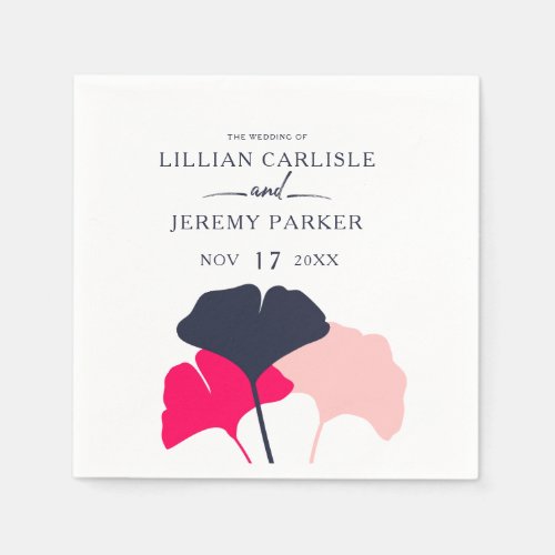 Bold Modern Navy and Pink Ginkgo Leaves Wedding Napkins