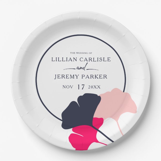 Bold Modern Navy and Pink Ginkgo Leaves Wedding Paper Plates (Front)