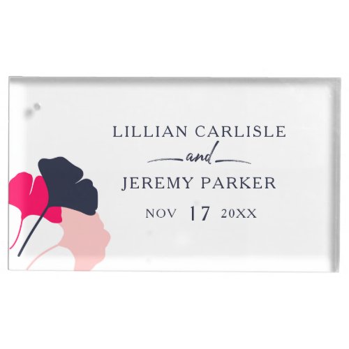 Bold Modern Navy and Pink Ginkgo Leaves Wedding Place Card Holder