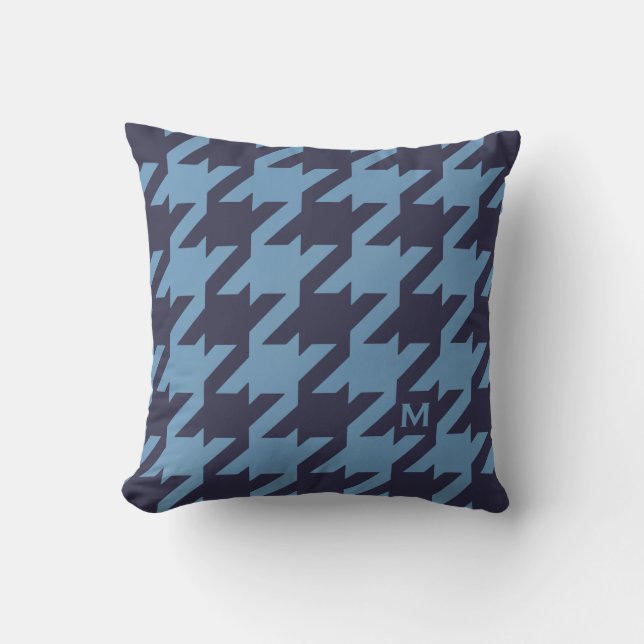Bold modern navy blue houndstooth with monogram throw pillow (Front)