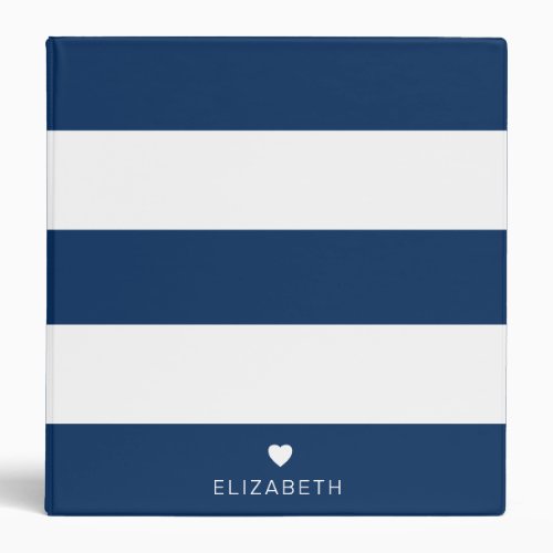Bold Modern Navy Blue Striped Pattern with Heart 3 Ring Binder