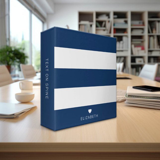 Bold Modern Navy Blue Striped Pattern with Heart 3 Ring Binder (Custom Office and School Binder)