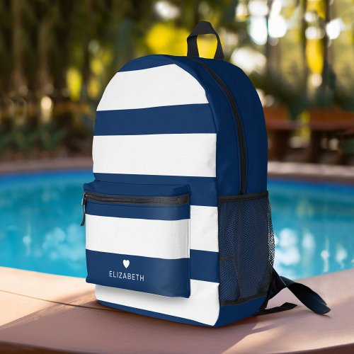 Bold Modern Navy Blue Striped Pattern with Heart Printed Backpack
