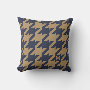 Bold modern navy brown houndstooth with monogram throw pillow