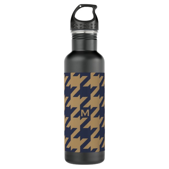 Bold modern navy brown houndstooth with monogram water bottle (Front)
