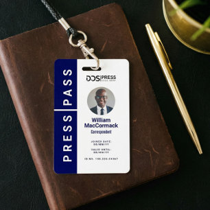 Bold Modern Navy Circle Photo Press Pass & Logo Badge