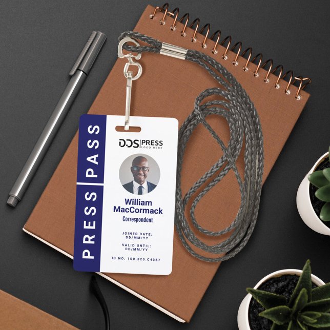 Bold Modern Navy Circle Photo Press Pass & Logo Badge (Creator Uploaded)