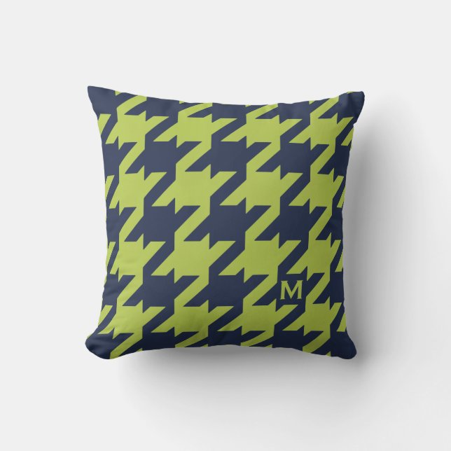 Bold modern navy green houndstooth with monogram throw pillow (Front)