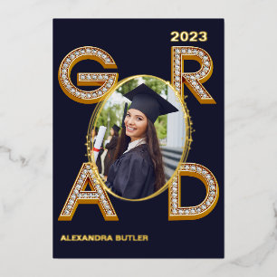 Bold Modern Navy Photo Class of 2023 Graduation Foil Invitation