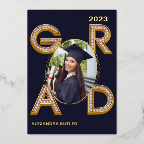 Bold Modern Navy Photo Class of 2023 Graduation Foil Invitation