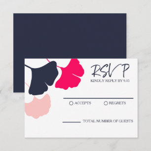 Bold Modern Navy, Pink Ginkgo Leaves Wedding RSVP Card