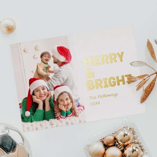Bold Modern One Photo Merry and Bright Gold Foil Holiday Card