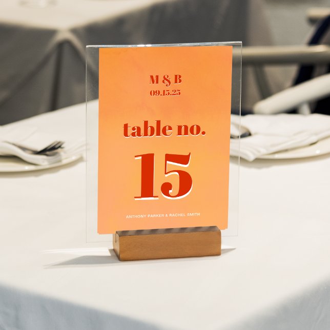 Bold Modern Orange Sunset Monogram Wedding Seat Table Number (Creator Uploaded)