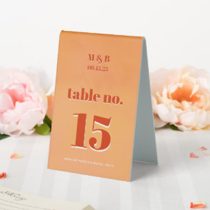 Bold Modern Orange Sunset Monogram Wedding Seat Table Tent