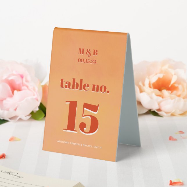 Bold Modern Orange Sunset Monogram Wedding Seat Table Tent (In SItu (Wedding))