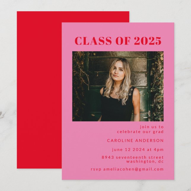 Bold Modern Pink and Red Photo Graduation Party  Invitation (Front/Back)