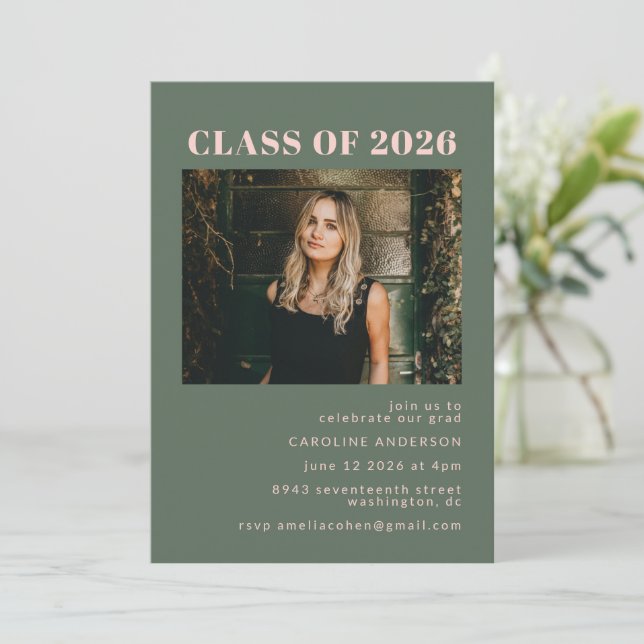 Bold Modern Pink Green Photo Graduation Party Invitation (Standing Front)