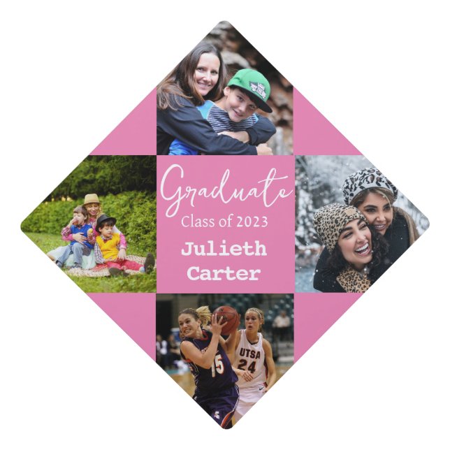 Bold Modern Pink | Personalized Photo Name Graduation Cap Topper (Front)
