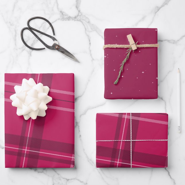 Bold modern pink plaid holiday wrapping paper sheets (Front)