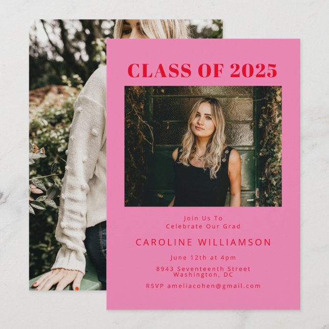 Bold Modern Pink Red Two Photo Graduation Party Invitation (Front/Back)