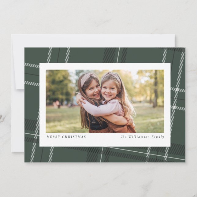 Bold modern plaid green horizontal photo holiday card (Front)