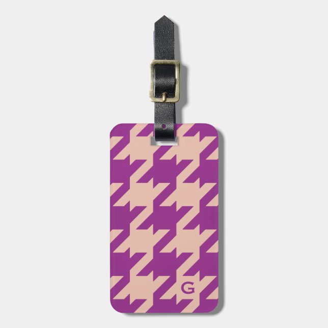 Bold modern purple houndstooth with monogram luggage tag (Front Vertical)