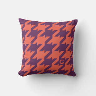 Bold modern purple orange houndstooth monogram throw pillow