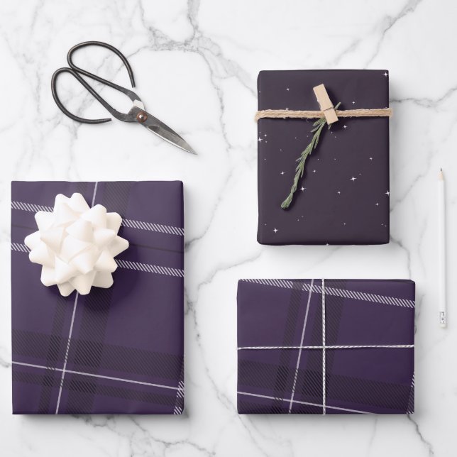 Bold modern purple plaid holiday wrapping paper sheets (Front)