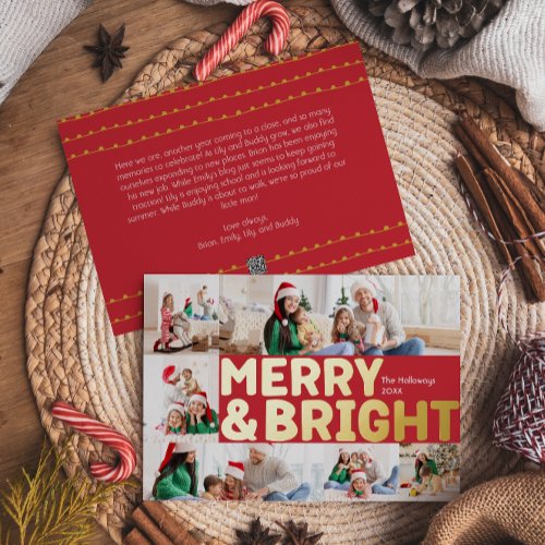 Bold Modern Red 6 Photo Merry and Bright Gold Foil Holiday Card