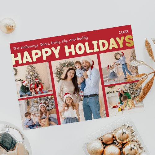 Bold Modern Red Five Photo Happy Gold Foil Holiday Postcard