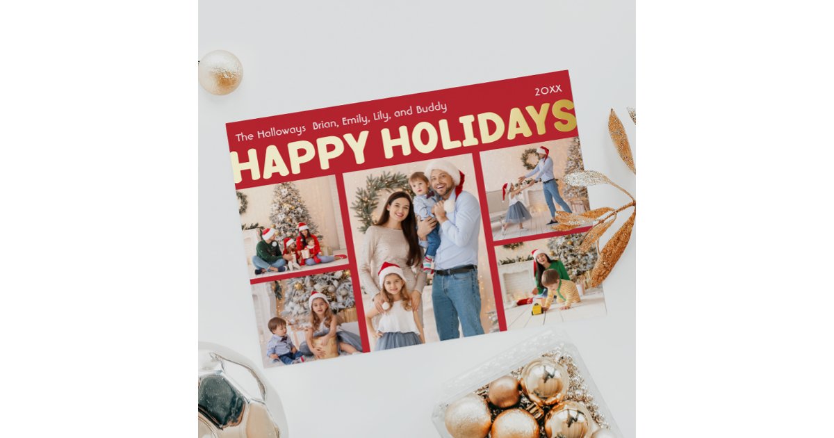Bold Modern Red Five Photo Happy Gold Foil Holiday Postcard | Zazzle