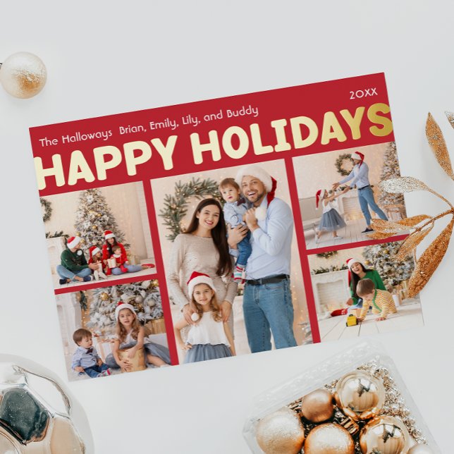 Bold Modern Red Five Photo Happy Gold Foil Holiday Postcard (Creator Uploaded)