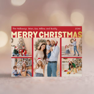 Bold Modern Red Five-Photo Merry Christmas Gold Foil Holiday Card