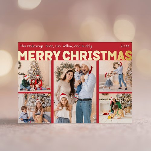 Bold Modern Red Five_Photo Merry Christmas Gold Foil Holiday Card