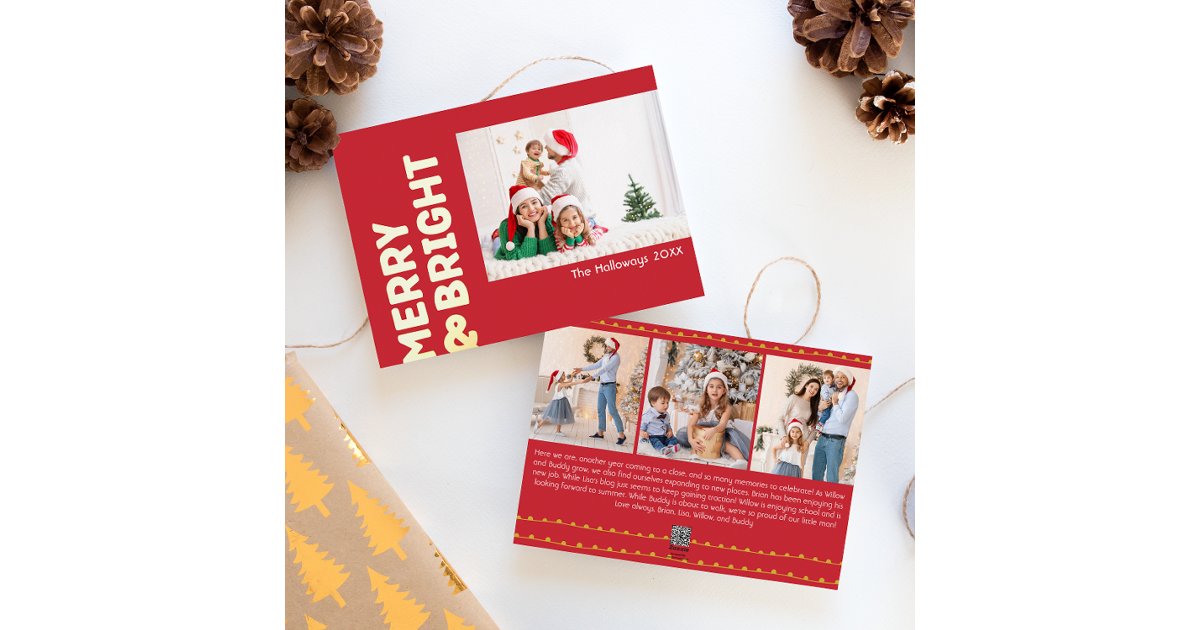 Bold Modern Red Four-Photo Merry and Bright Gold Foil Holiday Card | Zazzle