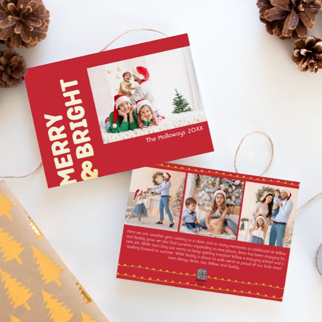 Bold Modern Red Four-Photo Merry and Bright Gold Foil Holiday Card (Creator Uploaded)