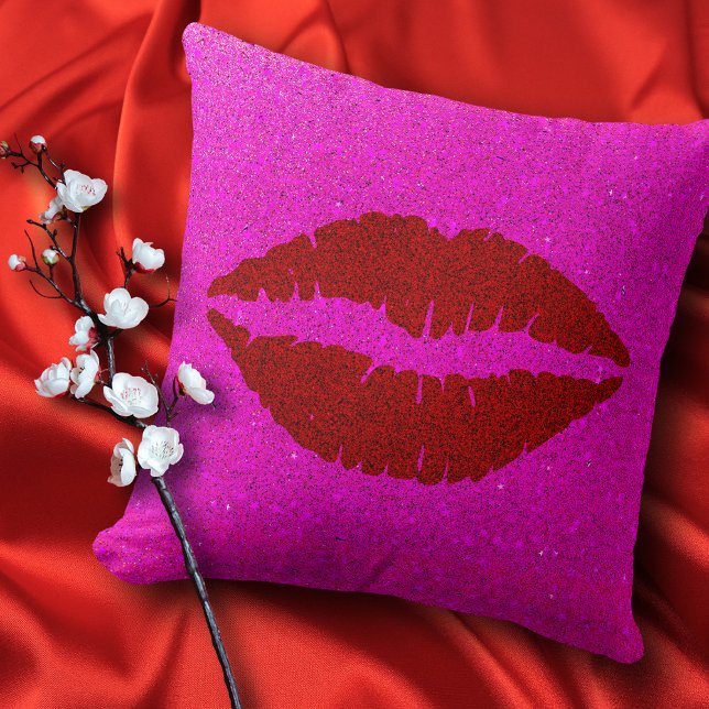 Bold modern red lips on pink glitter background throw pillow (Creator Uploaded)