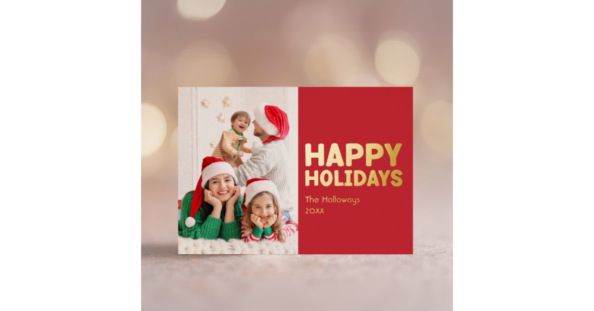 Bold Modern Red One Photo Merry and Bright Gold Foil Holiday Card | Zazzle