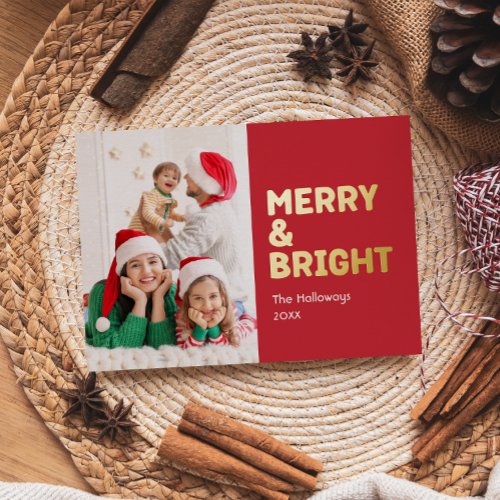 Bold Modern Red One Photo Merry and Bright Gold Foil Holiday Card