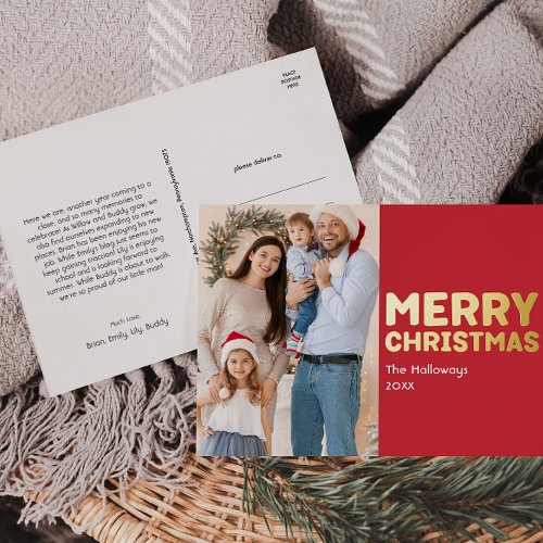 Bold Modern Red Photo Merry Christmas Gold  Foil Holiday Postcard