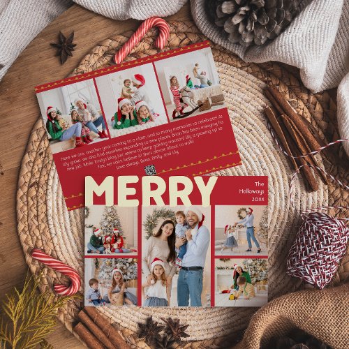 Bold Modern Red Photo Year in Review Merry Gold Foil Holiday Card