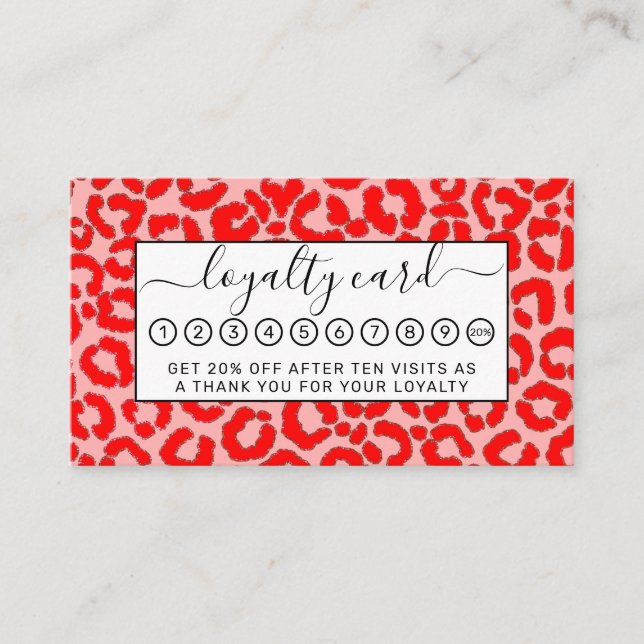 Bold Modern Red Pink Leopard Animal Print Loyalty Card (Front)