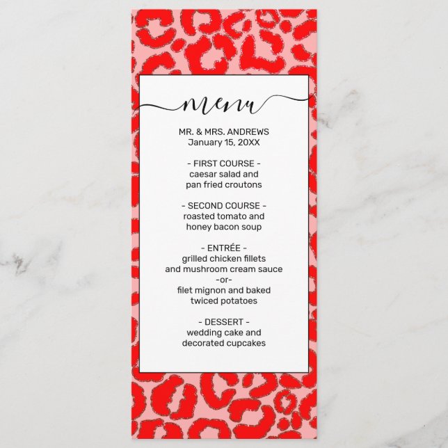 Bold Modern Red Pink Leopard Animal Print Menu (Front)