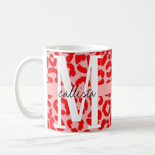 Bold Modern Red Pink Leopard Animal Print Monogram Coffee Mug (Left)