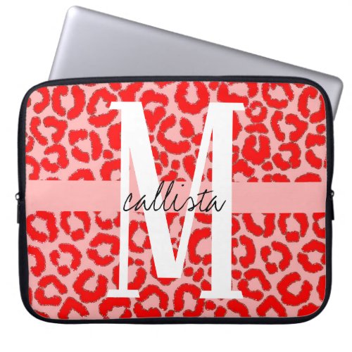 Bold Modern Red Pink Leopard Animal Print Monogram Laptop Sleeve