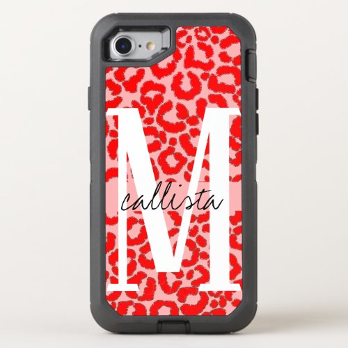 Bold Modern Red Pink Leopard Animal Print Monogram OtterBox Defender iPhone SE87 Case