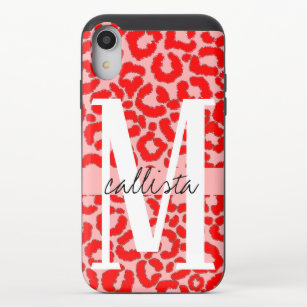 Bold Modern Red Pink Leopard Animal Print Monogram iPhone XR Slider Case