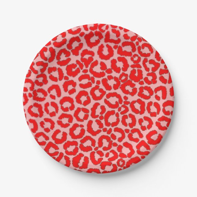 Bold Modern Red Pink Leopard Animal Print Paper Plates (Front)