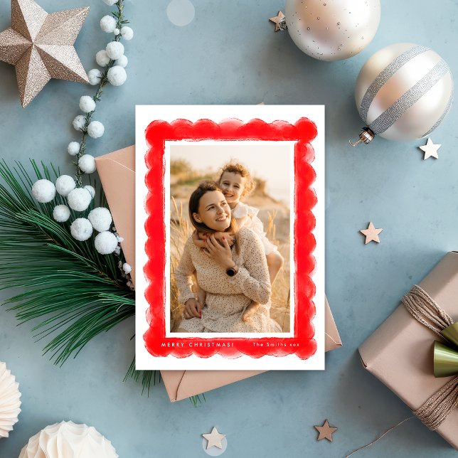 bold modern red RETRO christmas photo frame Holiday Card (Creator Uploaded)